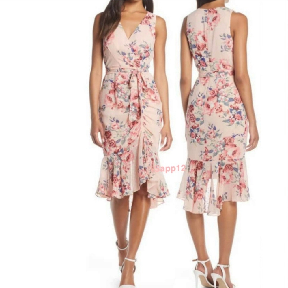 ELIZA J  FLORAL" PINK RUCHED CHIFFON FAUX WRAP DRESS